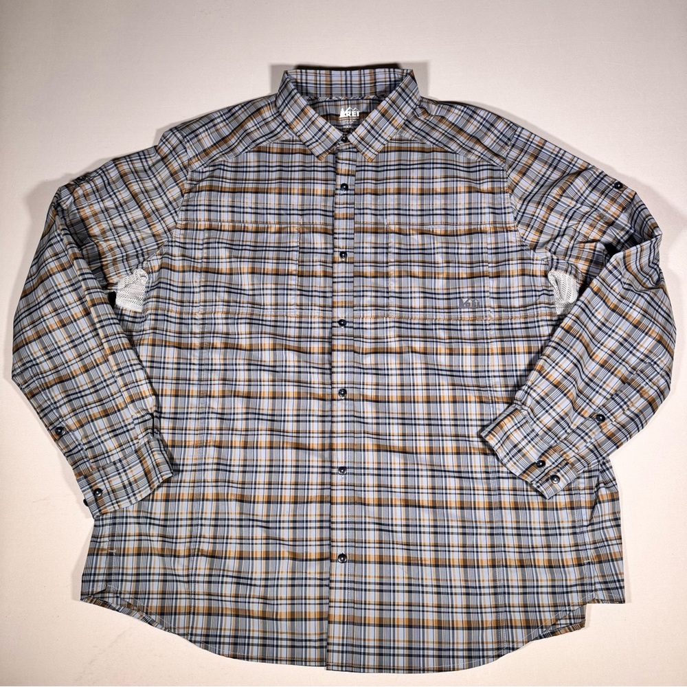 REI Men’s Blue Plaid Long Sleeve Hiking Shirt Size 2XL Vented Stretch Outdoor